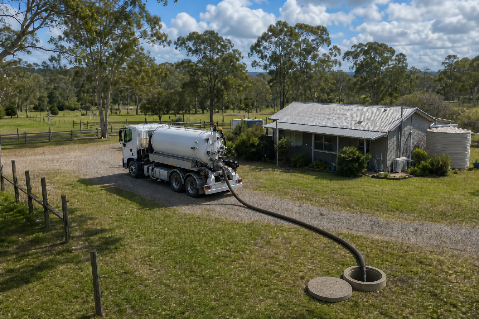 Illustration of a vacuum tanker pumping a septic tank at a rural home